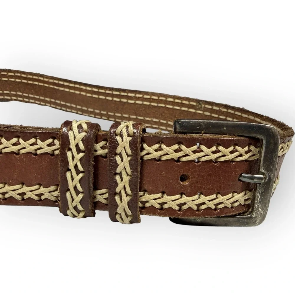 Vintage Brown Leather Whipstitch Belt Brass Buckle Boho Western 36 Inch